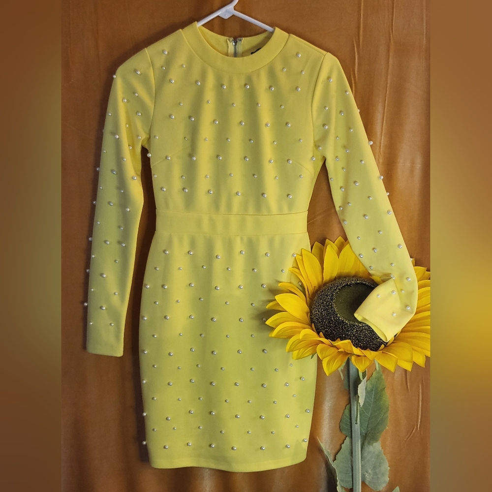 Womens Yellow Small Pearl Beaded Dress by Goodtime USA